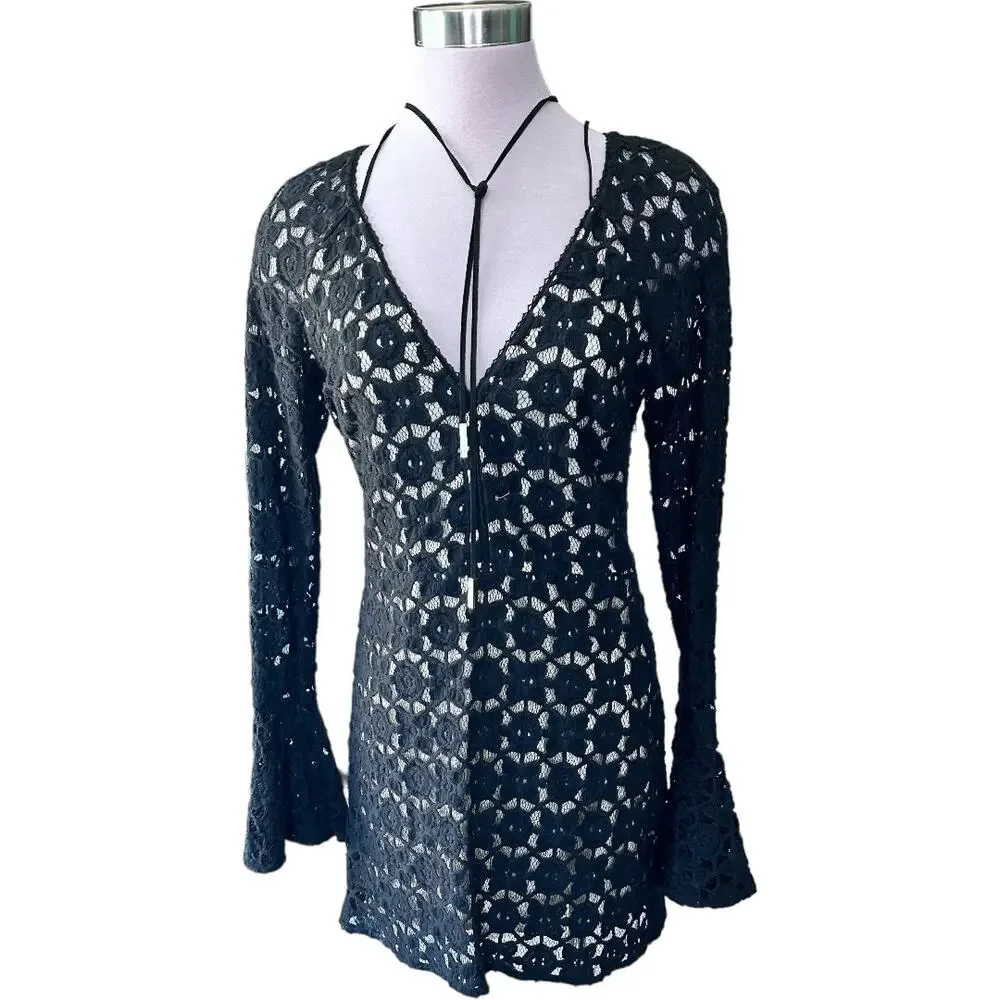NWOTFree People Back To Black Black Crochet Mini Bell Sleeve Boho Dress Med or 6
